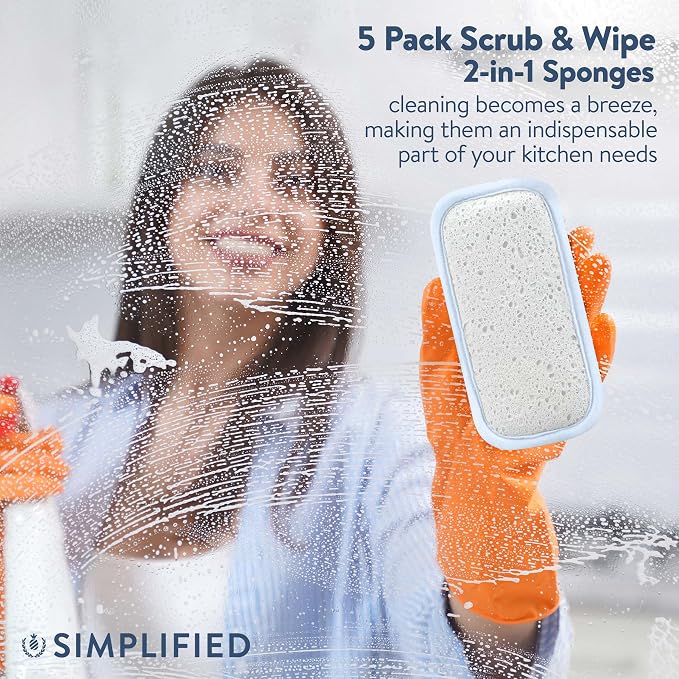 Simplified 5-Pack Scrub & Wipe 2-in-1 Dishwashing Sponges - Image 7