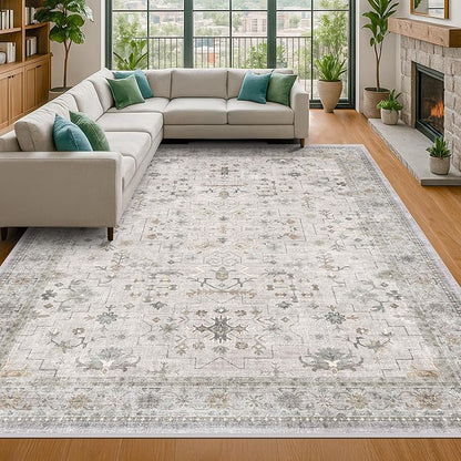 Boho Light Grey 5x8 Living Room Rug - Modern Vintage Eclectic Floral Pastel Neutral Taupe, Washable Low Pile Non-Slip Large Area Rugs for Nursery Dining Under Table Bedroom Lounge