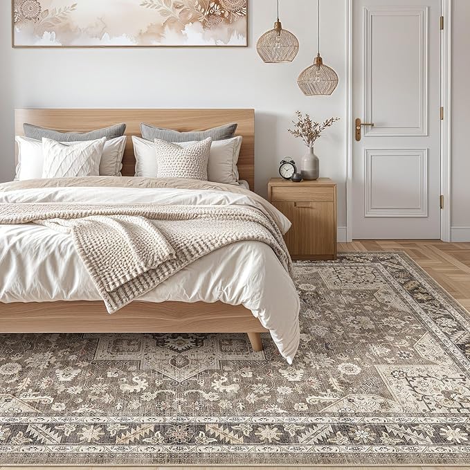 Vintage Living Room Area Rug 8x10 - Large Soft Washable Oriental Traditional Distressed Farmhouse Rugs for Bedroom - Indoor Floor Accent Carpet for Home Office House Decor - Brown