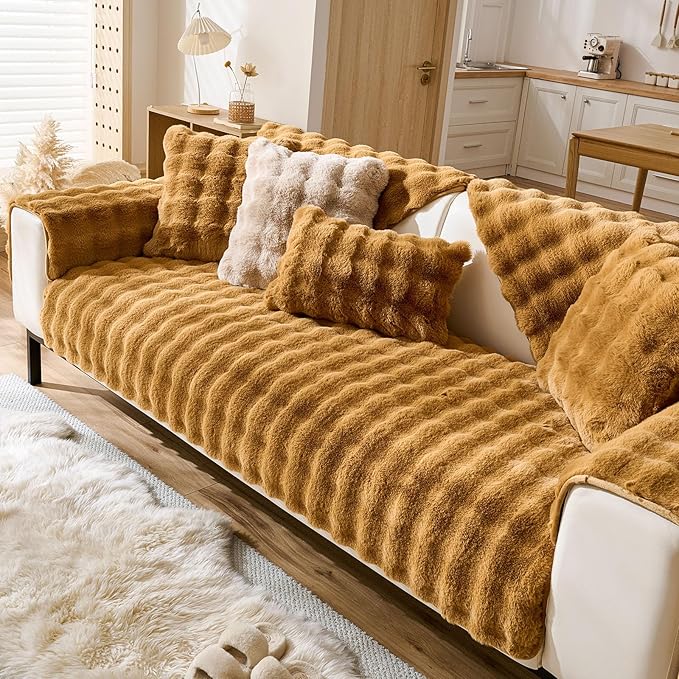 Faux Fur Couch Cover Fuzzy Soft Plush Thick Bubble Sofa Cover Luxury Sectional Couch Covers Luxury Anti-Slip Sofa Slipcover Washable Furniture Protector (Brown Yellow,28"x82")