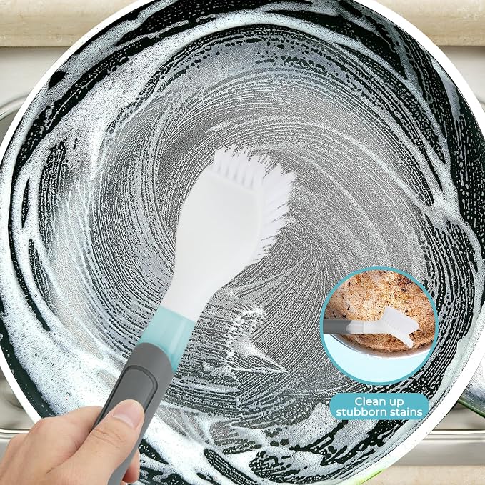 Dish Brush with soap Dispenser，4 PCS Replacement Brush Refills dishwashing - Image 2