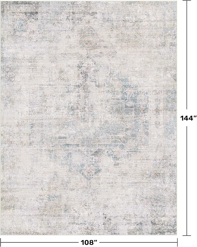 Washable Abstract Modern Area Rug 9x12 for Living Room, Bedroom, Dining Room, Home Office, Low Pile Non Slip Ultra Soft Stain Resistant, Distressed Medallion Decor, Light Blue