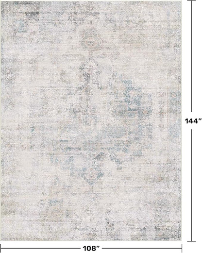 Washable Abstract Modern Area Rug 9x12 for Living Room, Bedroom, Dining Room, Home Office, Low Pile Non Slip Ultra Soft Stain Resistant, Distressed Medallion Decor, Light Blue
