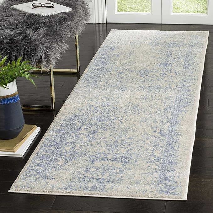 SAFAVIEH Adirondack Collection Runner Rug - 2'6" x 8', Ivory & Light Blue, Distressed Vintage Floral Design, Non-Shedding & Easy to Clean, Ideal for Hallway, Foyer, Entryway, Bedroom (ADR109L)