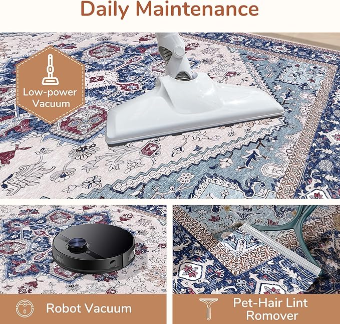 OPPODREAM Thin Area Rugs 9x12 Living Room, Washable Rugs 9x12 with Non Slip Backing, Faux Cashmere Low-Pile 9 x 12 Carpet, Navy Blue & Red & Cream