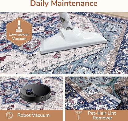 OPPODREAM Thin Area Rugs 9x12 Living Room, Washable Rugs 9x12 with Non Slip Backing, Faux Cashmere Low-Pile 9 x 12 Carpet, Navy Blue & Red & Cream