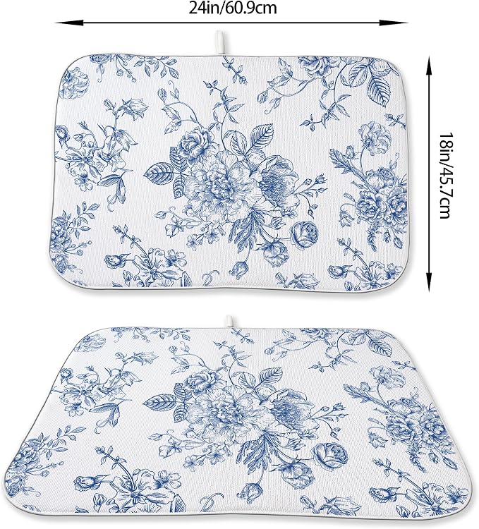 Blue Floral Dish Drying Mats 18x24 Inch Blue and White Chinoiserie Flower - Image 2