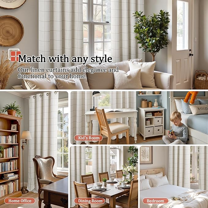 Linen Blackout Curtains 63 Inches Long for Bedroom - Boho Plaid Curtains Thermal Insulated, Pattern Printed Rustic Drapes Window Treatments for Farmhouse 52x63 Inch 2 Panels, Natural