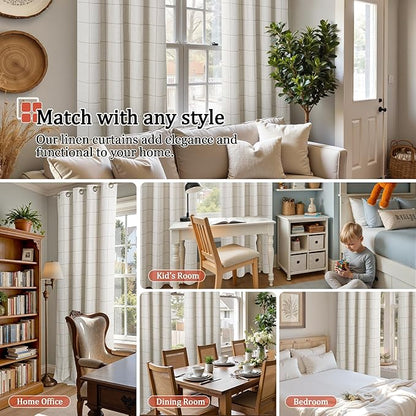 Linen Blackout Curtains 63 Inches Long for Bedroom - Boho Plaid Curtains Thermal Insulated, Pattern Printed Rustic Drapes Window Treatments for Farmhouse 52x63 Inch 2 Panels, Natural