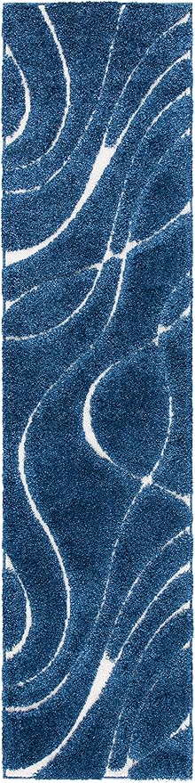 SAFAVIEH Florida Shag Collection Runner Rug - 2'3" x 9', Navy & Ivory, Non-Shedding & Easy Care, 1.2-inch Thick Ideal for High Traffic Areas in Living Room, Bedroom (SG471-6512)