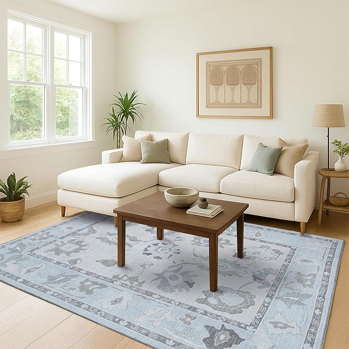 Fame Living Cream Beige Oushak Rug, Modern Small Rugs, Vintage, Turkish, Eclectic, Floral, Pastel, Washable, Door Mat, Doormat for Indoor Entrance, Entryway, Kitchen, Bathroom, Bedroom, Laundry, 2'x3'