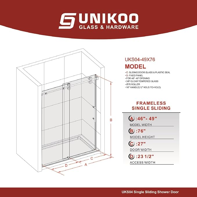 46-49 Inch x 76 Inch Sliding Frameless Shower Door, 3/8" Tempered Glass - Image 2