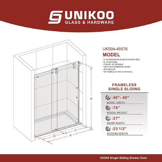 46-49 Inch x 76 Inch Sliding Frameless Shower Door, 3/8" Tempered Glass - Image 2