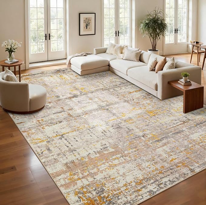 9x12 Area Rug for Living Room, Extra Large Washable Rug, Soft Neutral Abstract by Rugxara