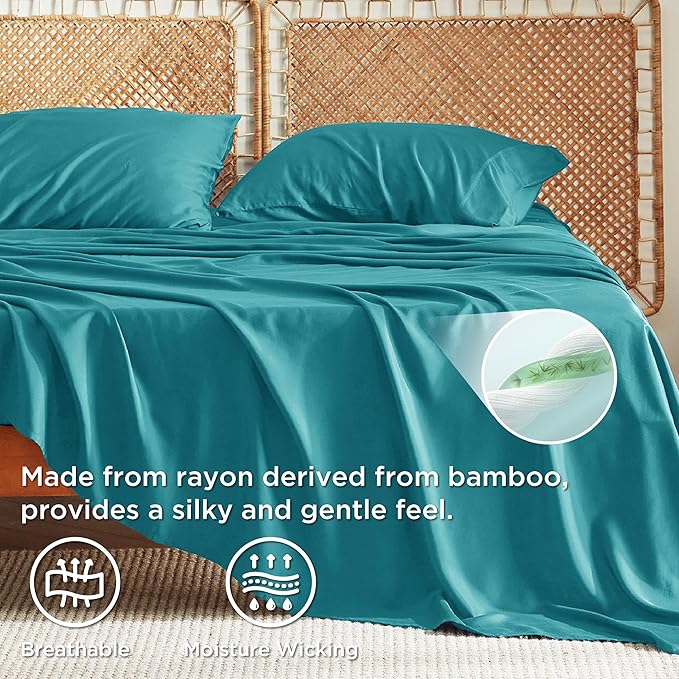 Bedsure Queen Sheet Set, Rayon Derived from Bamboo, Cooling Sheets, Breathable & Soft, Deep Pocket Up to 16 Inches, Hotel Luxury Silky Bedding for Hot Sleepers, Turquoise