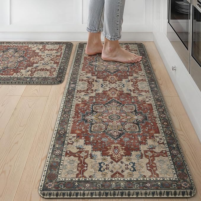 GENIMO Kitchen Mats for Floor 2PCs, Washable Anti Fatigue Mat for Cushioned, 17.3"x47"+17.3"x30", Waterproof Kitchen Rugs, Non Slip Comfort Standing Mat Rug for Home, Sink, Laundry, Bordeaux