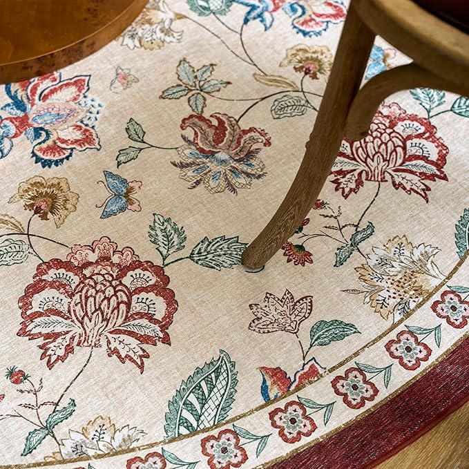 jinchan Elora 7ft Floral Round Rug for Washable Living Room Rug Vintage Romance Christmas Design Non Slip Indoor Floor Cover Lightweight Low-Profile Throw Carpet for Bedroom Porch, Red/Beige