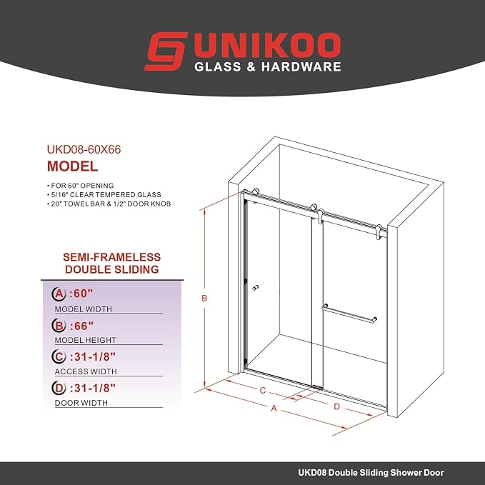 56"-60" W X 66" H Double Sliding Bathtub Door - Image 2
