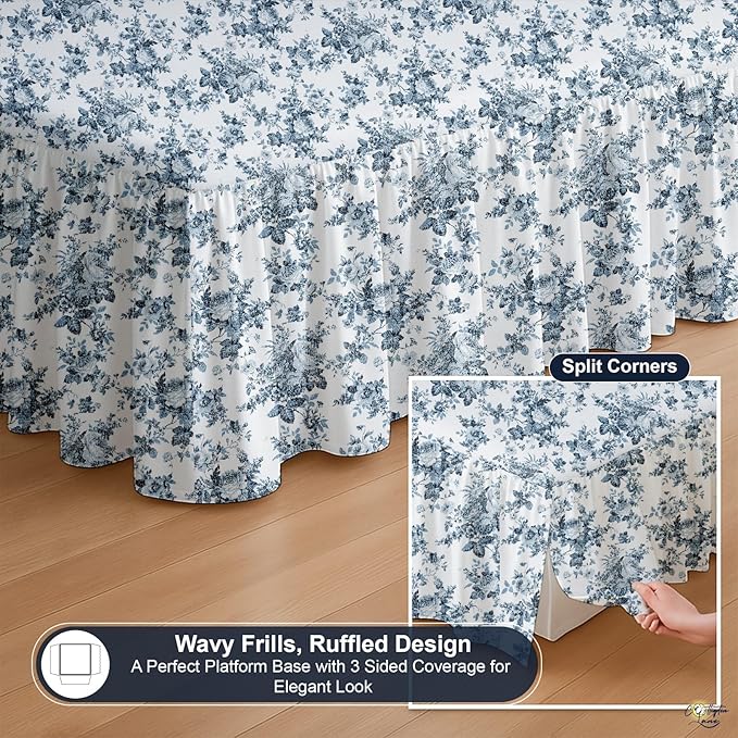 Cottington Lane Ruffled Bed Skirt Twin Size with Split Corner, Brushed Microfiber Hotel Quality Dust Ruffle, 21 Inch Drop Gathered Bedskirt, Soft, Stylish, Shrink & Fade Resistant, Blue Floral Bliss