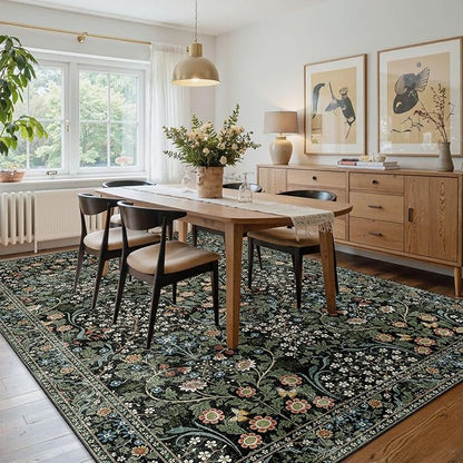 MUJOO 8x10 Area Rugs,Floral Washable Rugs for Living Room Dining Room Bedroom,Large Throw Carpet,Boho Non Slip Indoor Floor Big Soft Botanical Vintage Ultra-Thin Black and Green