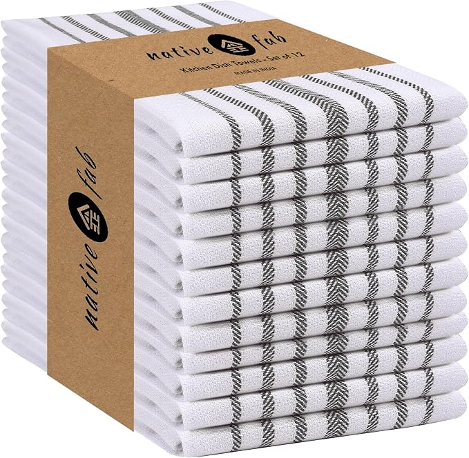 Native Fab Herringbone Striped Kitchen Towels 100% Cotton 12 Pack 16"x26" by NativeFab