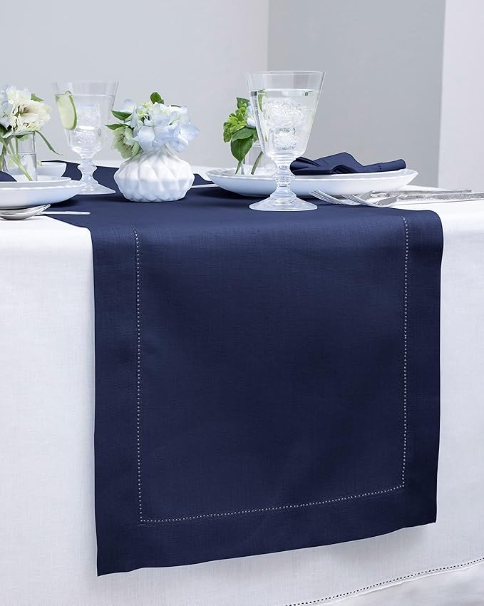 Solino Home Linen Navy Blue Table Runner 72 Inches Long - 100% Pure Linen Hemstitch Table Runner 14 x 72 Inch for Dresser, Dining, Winter, Christmas, New Year - Classic Hemstitch