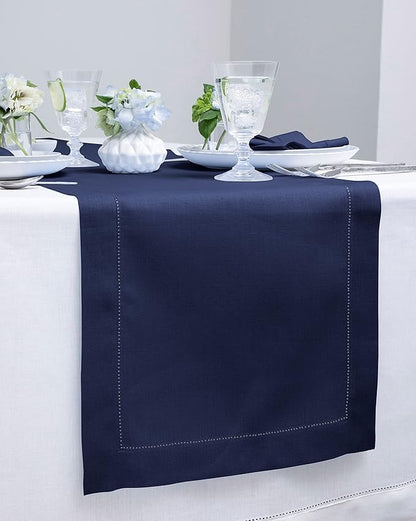 Solino Home Linen Navy Blue Table Runner 72 Inches Long - 100% Pure Linen Hemstitch Table Runner 14 x 72 Inch for Dresser, Dining, Winter, Christmas, New Year - Classic Hemstitch