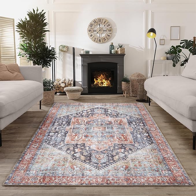 Bloom Rugs Washable Non-Slip 9' x 12' Rug - Terracotta/Blue Traditional Medallion Area Rug for Living Room, Bedroom, Dining Room, and Kitchen - Exact Size: 9' x 12'