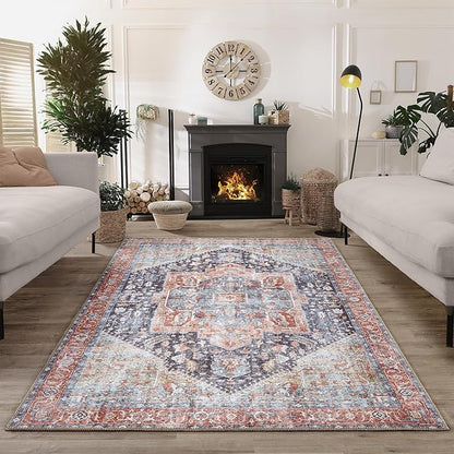 Bloom Rugs Washable Non-Slip 9' x 12' Rug - Terracotta/Blue Traditional Medallion Area Rug for Living Room, Bedroom, Dining Room, and Kitchen - Exact Size: 9' x 12'