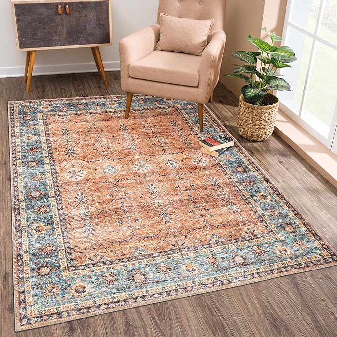 Bloom Rugs Washable Non-Slip 9' x 12' Rug - Orange/Teal Blue Traditional Bordered Area Rug for Living Room, Bedroom, Dining Room, and Kitchen - Exact Size: 9' x 12'