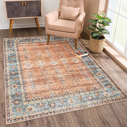 Bloom Rugs Washable Non-Slip 9' x 12' Rug - Orange/Teal Blue Traditional Bordered Area Rug for Living Room, Bedroom, Dining Room, and Kitchen - Exact Size: 9' x 12'