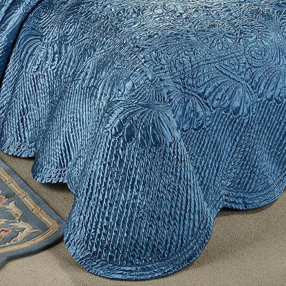 Portia Luxury Bedding | Sapphire | Quilted Polyester Satin | Hand Guided Machine Quilted Scroll Design | 11 Piece Set With Cal King Bedspread, 2 King Shams, 2 Euro Shams, 2 Euro Pillows, 4 Pillows