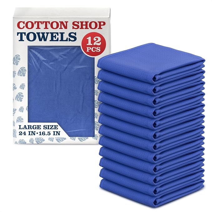 Huck Towels -12 Pack 24"x16.5" Cotton Blue Shop Towels by Reluen