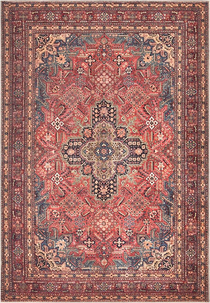 Bloom Rugs Washable Non-Slip 8' x 10' Rug - Red/Teal Blue/Yellow Traditional Medallion Area Rug for Living Room, Bedroom, Dining Room, and Kitchen - Exact Size: 8' x 10'