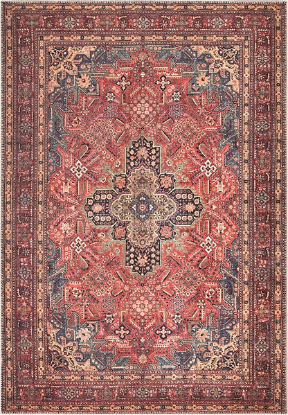Bloom Rugs Washable Non-Slip 8' x 10' Rug - Red/Teal Blue/Yellow Traditional Medallion Area Rug for Living Room, Bedroom, Dining Room, and Kitchen - Exact Size: 8' x 10'