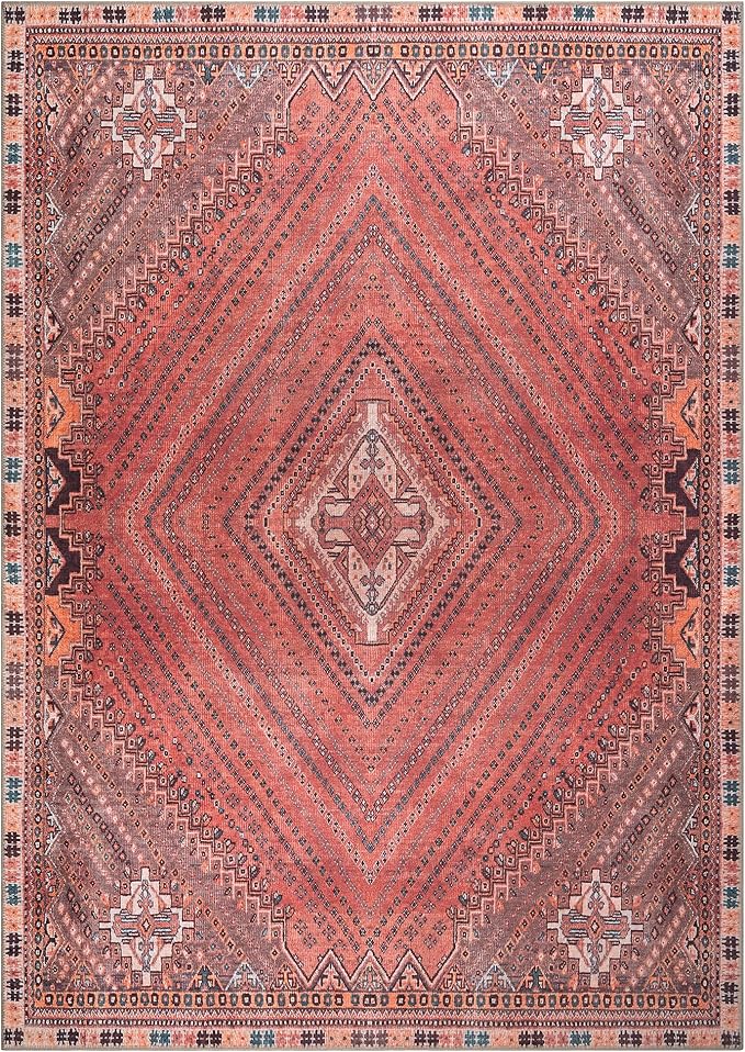 Bloom Rugs Washable Non-Slip 9' x 12' Rug - Red/Multicolor Traditional Bordered Area Rug for Living Room, Bedroom, Dining Room, and Kitchen - Exact Size: 9' x 12'