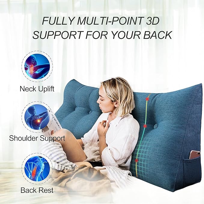 Wedge Headboard Pillow Dorm Room Reading Pillow Back Support for Sitting Up in Bed Bolster Lumbar Cushion Body Positioning Bedrest Cotton Linen 54in Blue Full