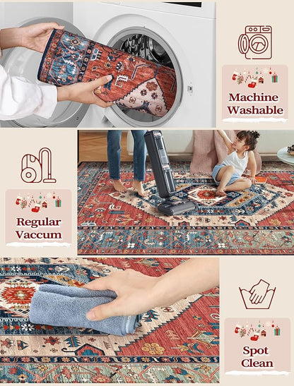 SERISSA Boho Washable Runner Rug, 2x5 Non-Slip Vintage Rust Hallway Kitchen Runner Rug Ultra Soft Print Distressed Tribal Floor Carpet for Bedroom Bathroom Laundry Living Room