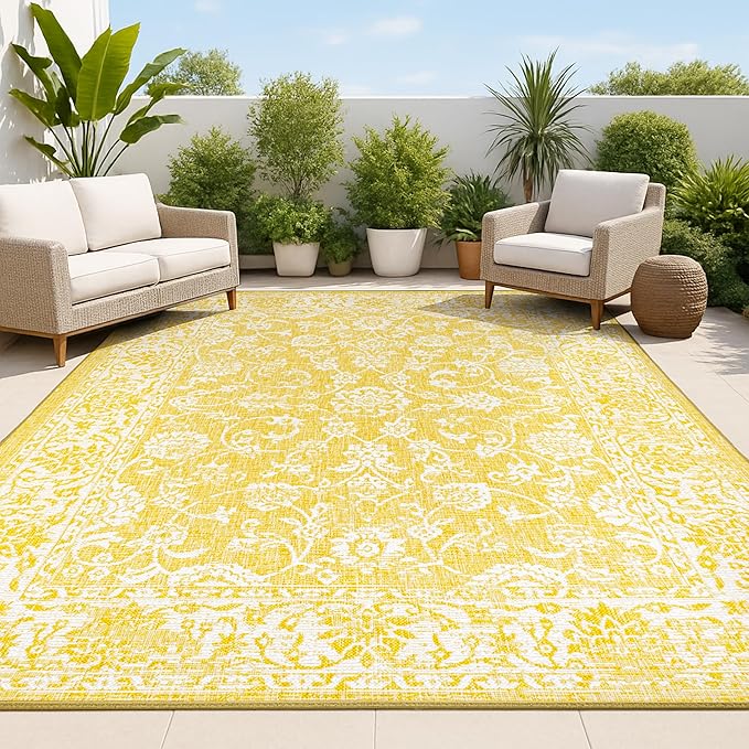 JONATHAN Y Weave Floral Indoor Outdoor Area Rug 4X6 Yellow/Cream, Tela Bohemian Textured for Backyard, Patio, Porch, Easy-Cleaning, High Traffic, Pet-Friendly, Non-Shedding (SMB100E-4)