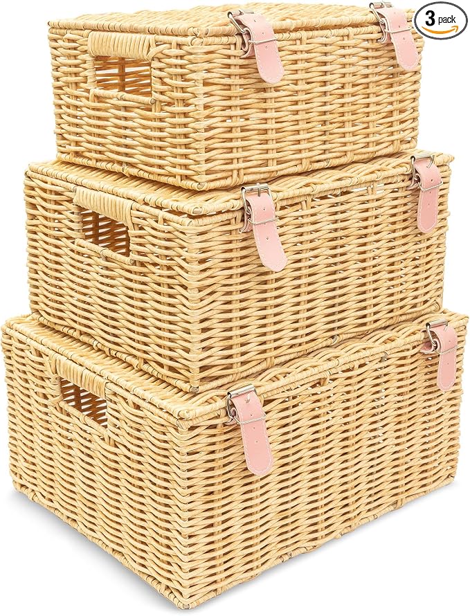 Wicker Storage Baskets with Lids – Set of 3 by Unknown