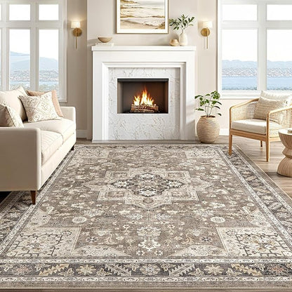 Vintage Living Room Area Rug 8x10 - Large Soft Washable Oriental Traditional Distressed Farmhouse Rugs for Bedroom - Indoor Floor Accent Carpet for Home Office House Decor - Brown