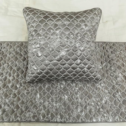The HomeCentric King/Queen/Twin Grey & Silver Designer Twin 53"x18" Bed Runner with Pillow Cover, Quilted, Foil & Trellis Bed Scarf on Silk Fabric - Jumanah
