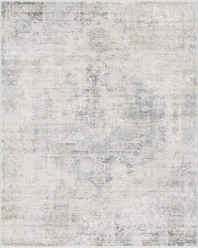 Blue Farmhouse Area Rug for Bedroom - 7x9 Washable Rug for Dining Room Table, Ultra-Thin Soft Textured Boho Abstract Blue and Gray Indoor Decor, Fade & Stain Resistant