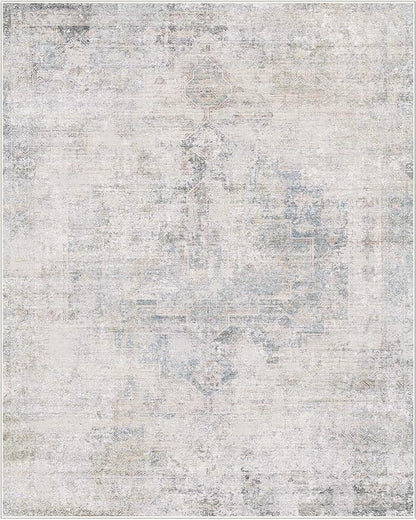 Blue Farmhouse Area Rug for Bedroom - 7x9 Washable Rug for Dining Room Table, Ultra-Thin Soft Textured Boho Abstract Blue and Gray Indoor Decor, Fade & Stain Resistant