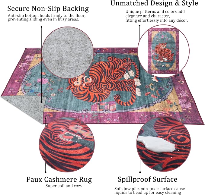 Vintage Tiger Rug Washable 8x10 FT Oriental Traditional Animal Print - Image 6