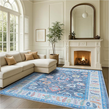 Fame Rugs Blue Modern Oushak Rug 6x9, Vintage Turkish Colorful Oriental Antique Inspired Washable Large Area Rugs, Luxury Living Room Bedroom (387BNB, 6' x 9')