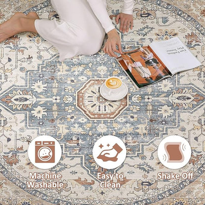 Round Rug Living Room Rugs: 5Ft Washable Boho Neutral Large Circle Soft Indoor Distressed Stain Resistant Floor Farmhouse Carpet for Bedroom Nursery Kids Playroom Office Dining Room Dorm- Beige Blue