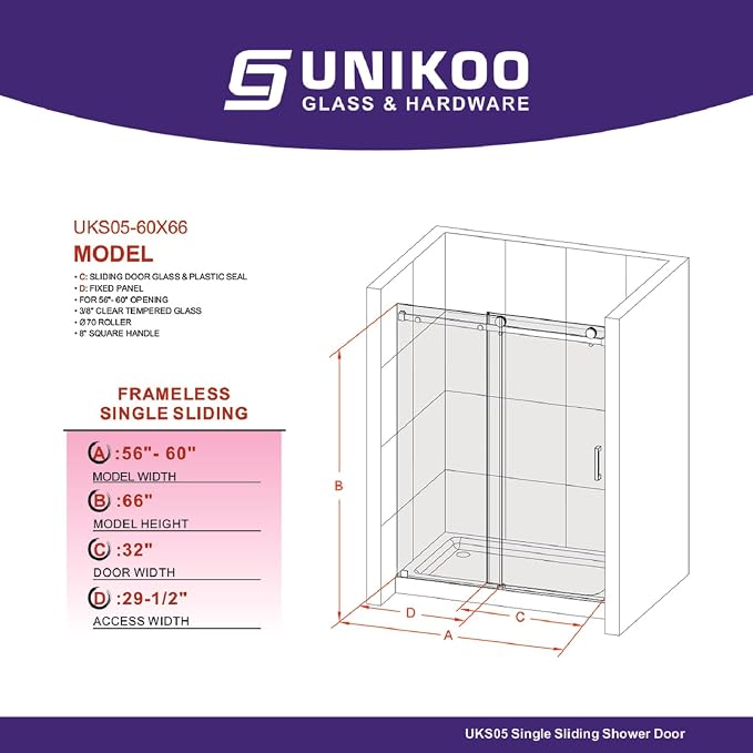 3/8" Sliding Glass Shower Door, 56-60" W x 80" H Frameless Bathroom Door - Image 2