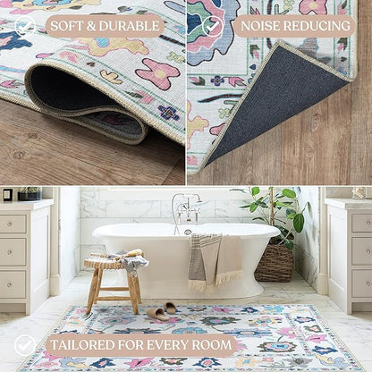 Fame Living Colorful Oushak Rug, Modern, Vintage, Turkish, Eclectic, Floral, Pastel, Washable, Extra Large Area Rugs for Living Room, Dining, Bedroom, Lounge, 9'x12'