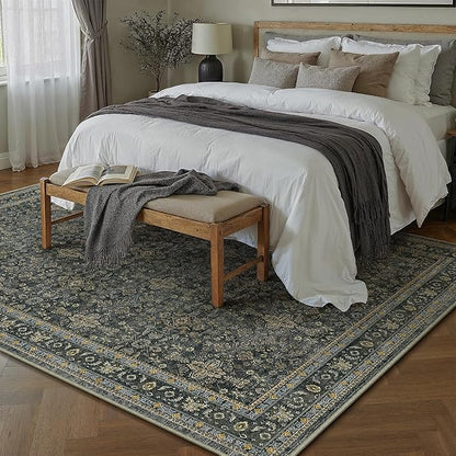 9x12 Area Rug for Living Room Black Vintage Washable Bedroom Carpet Traditional Distressed Soft Non Slip Indoor Large Accent Rug Retro Thin Low Pile Floor Cover for Dining Room Playroom